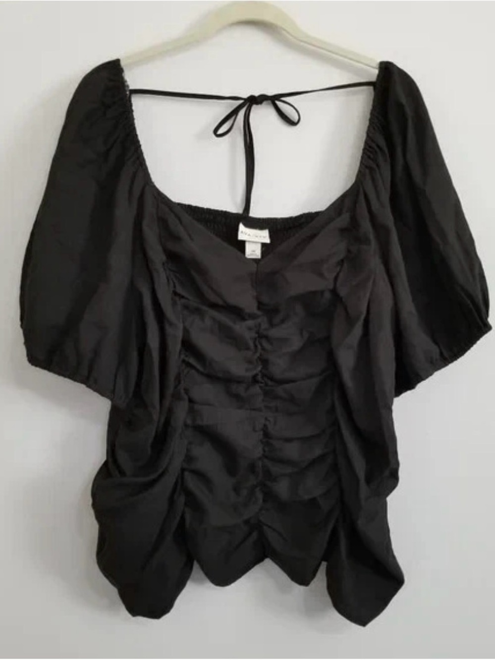ava & viv Black Ruched Puff-Sleeve Tie Back Ruffle Women’s Blouse Top Size 1X